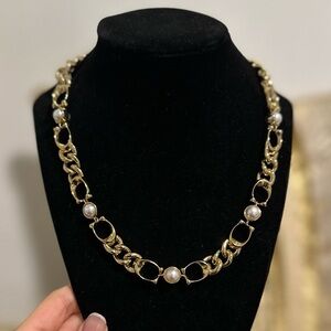 NWT! COACH Gold Logo C Chain Necklace with Pearl Accents